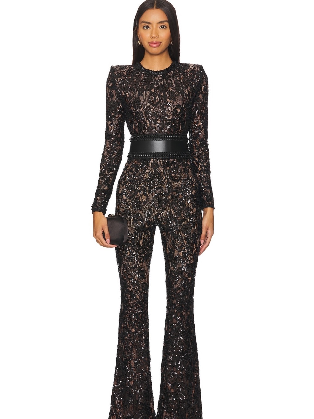 NADINE MERABI Black Sequin Lace Flared Jumpsuit Xs